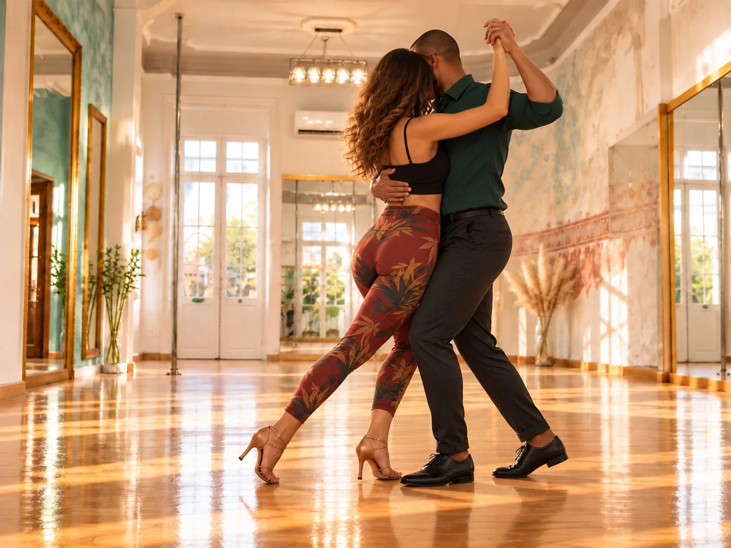 Ζευγάρι χορεύει Kizomba σε φωτεινή αίθουσα