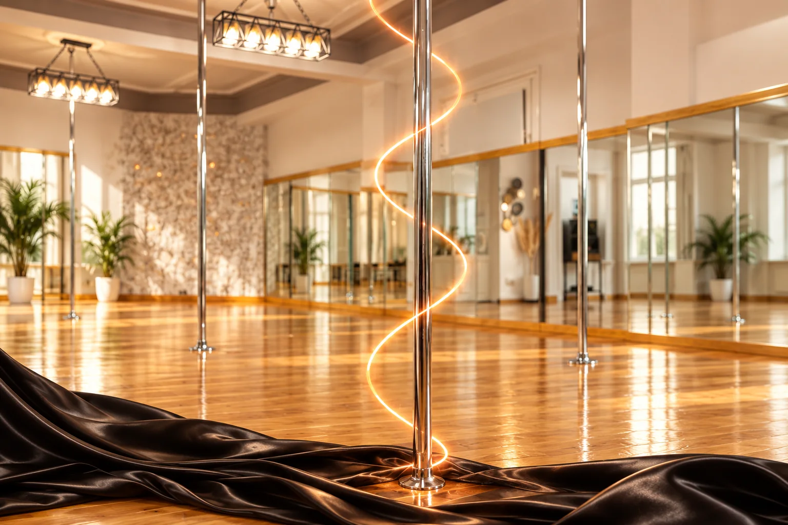 Αίθουσα Pole Dance με στύλους, καθρέφτες και σκούρο ύφασμα