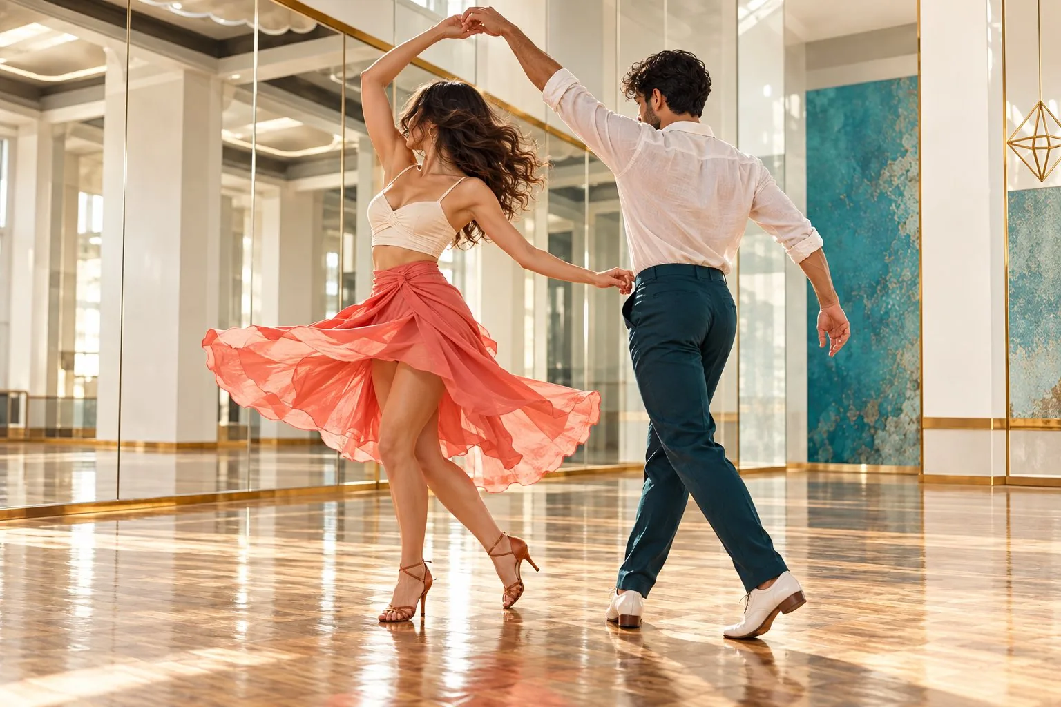 Ζευγάρι χορεύει Salsa και Bachata σε φωτεινή αίθουσα