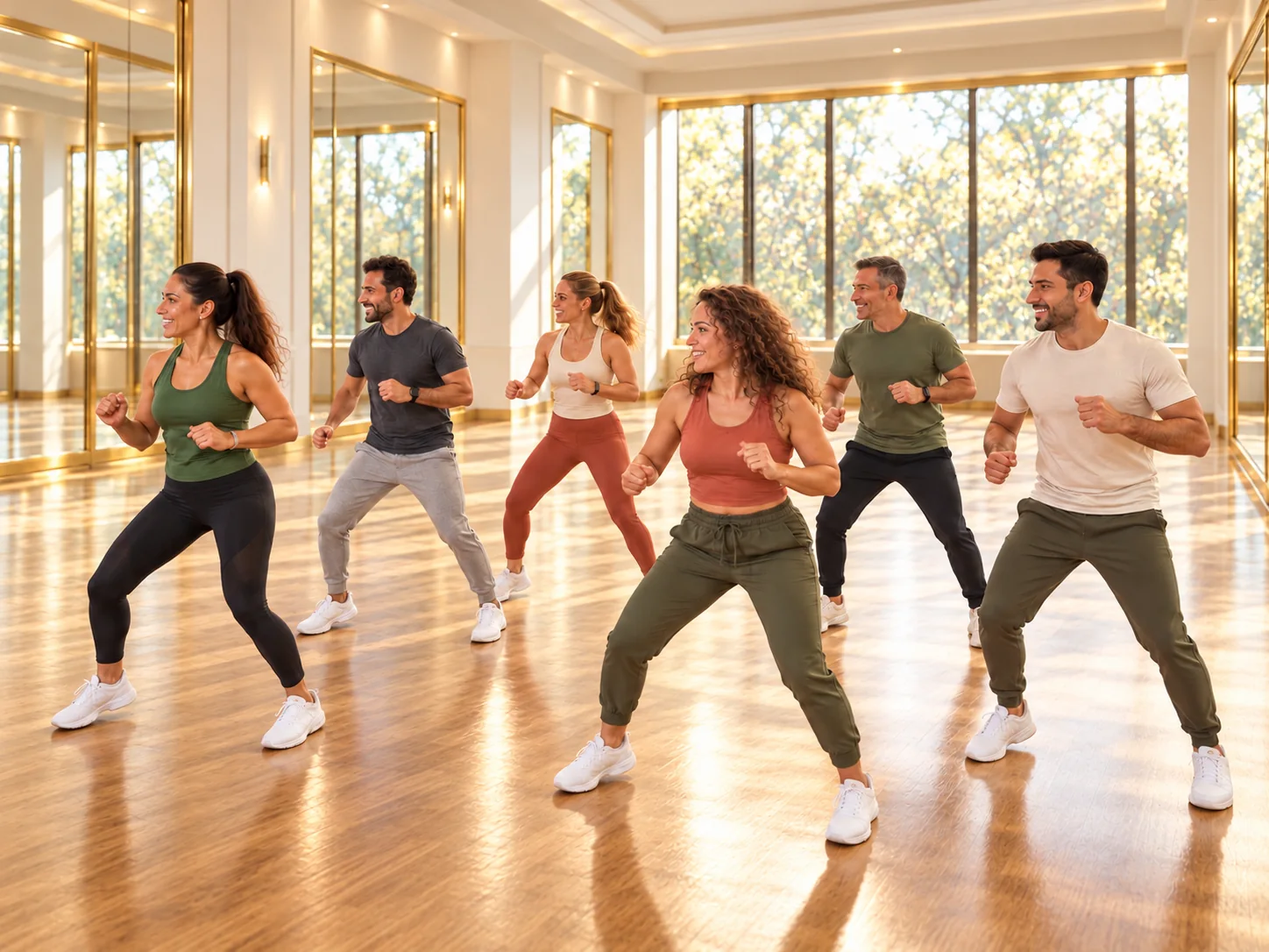 Ομάδα ενηλίκων ακολουθεί χορογραφία Zumba σε φωτεινή αίθουσα