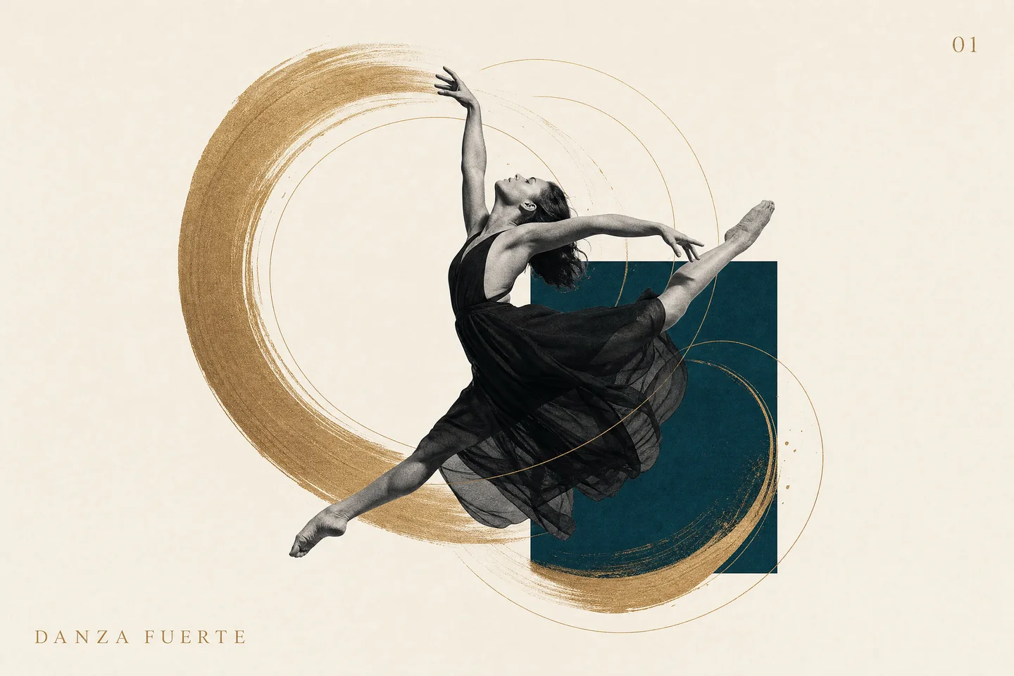 Εικαστική σύνθεση Danza Fuerte με χορεύτρια και χρυσές τροχιές κίνησης